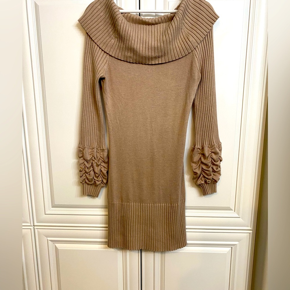 Marciano by Guess Size Medium Tan Sweater Dress Long Sleeves Cowl Neck Ribbing
